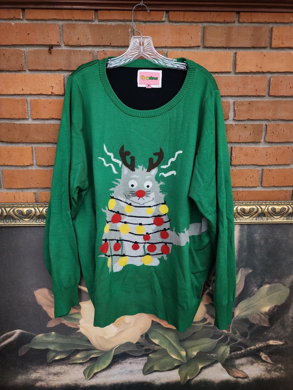 Tipsy Elves Green Novelty Cat Sweater with Holiday Lights